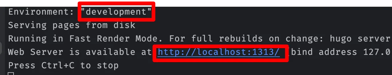 Hugo server running terminal