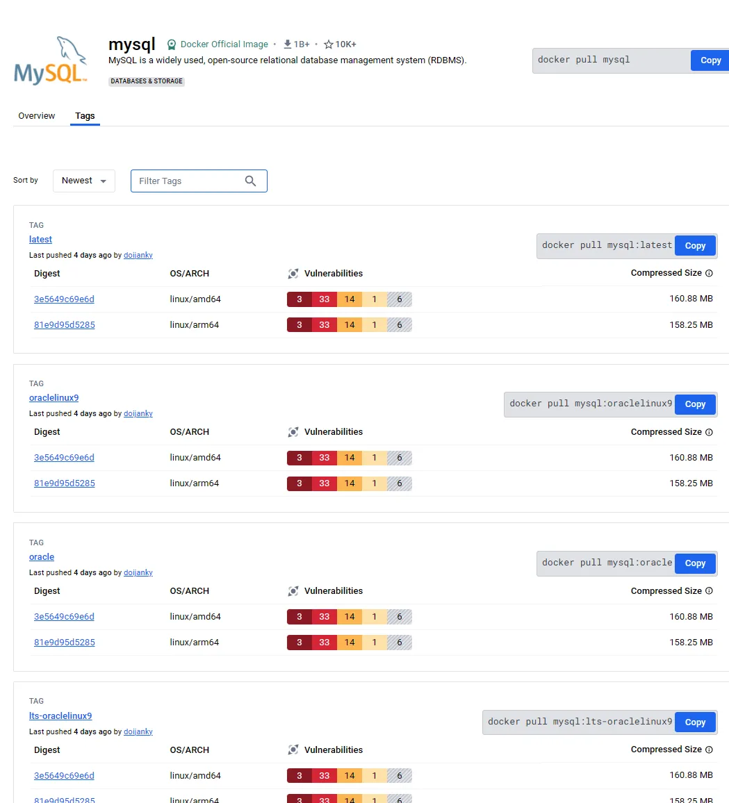mysql docker image hub tags tabs